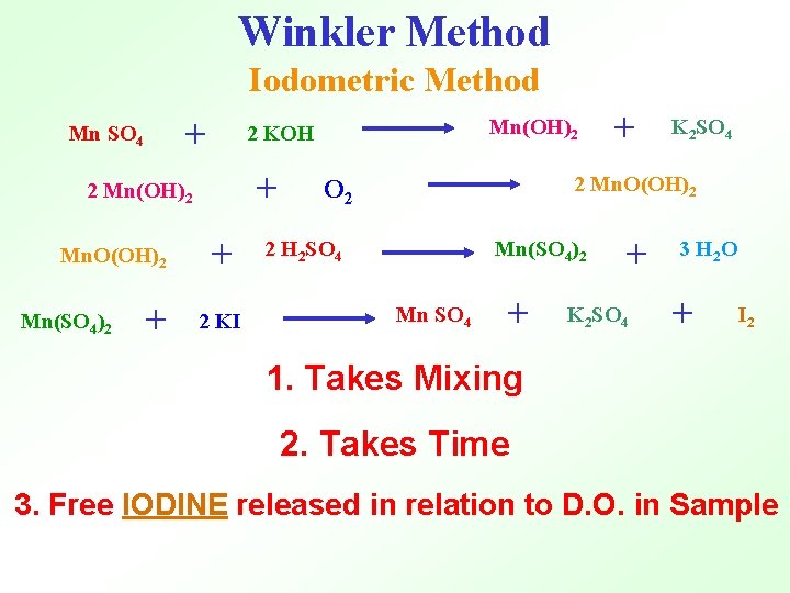 Winkler Method Iodometric Method + Mn SO 4 + 2 Mn(OH)2 Mn. O(OH)2 +