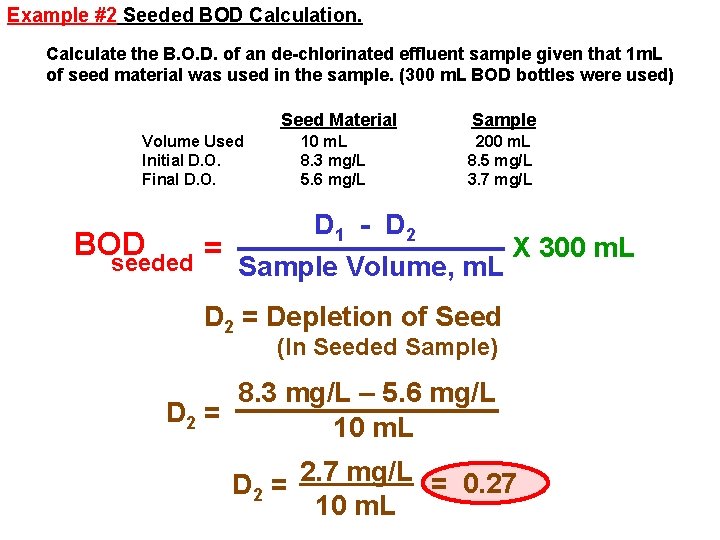 Example #2 Seeded BOD Calculation. Calculate the B. O. D. of an de-chlorinated effluent