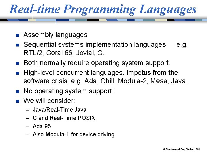 Real-time Programming Languages n n n Assembly languages Sequential systems implementation languages — e.