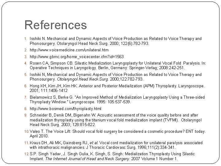 References 1. Isshiki N. Mechanical and Dynamic Aspects of Voice Production as Related to