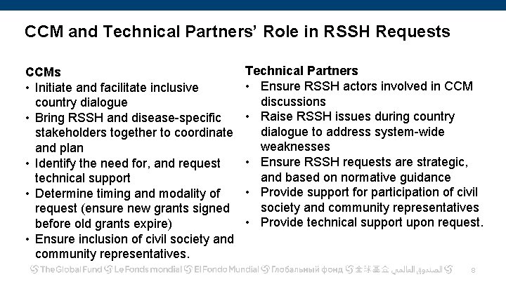 CCM and Technical Partners’ Role in RSSH Requests CCMs • Initiate and facilitate inclusive