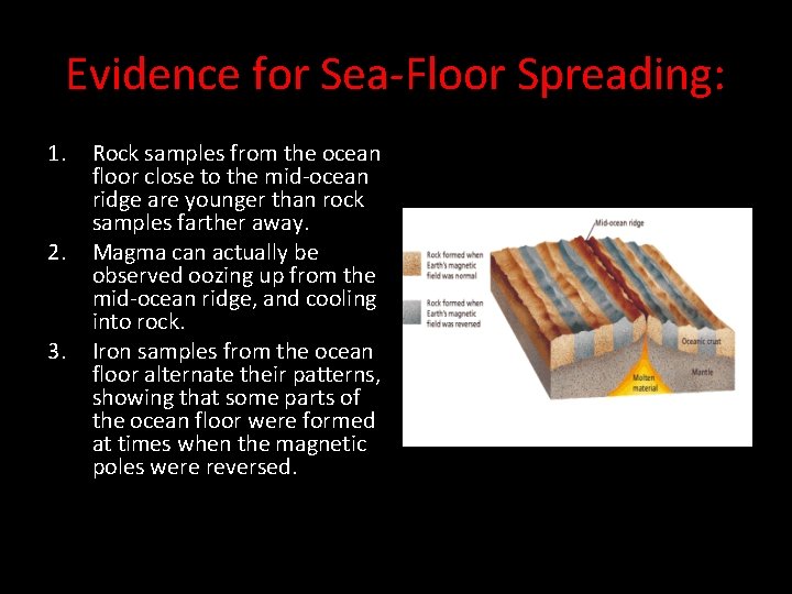 Evidence for Sea-Floor Spreading: 1. 2. 3. Rock samples from the ocean floor close