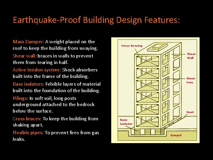 Earthquake-Proof Building Design Features: Mass Damper: A weight placed on the roof to keep