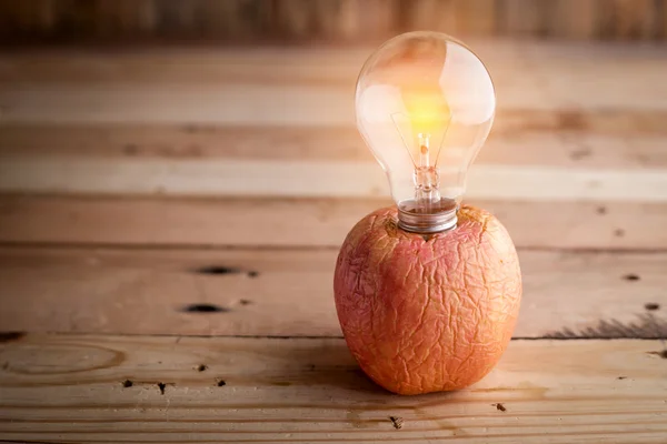 Light bulb stick in red old apple