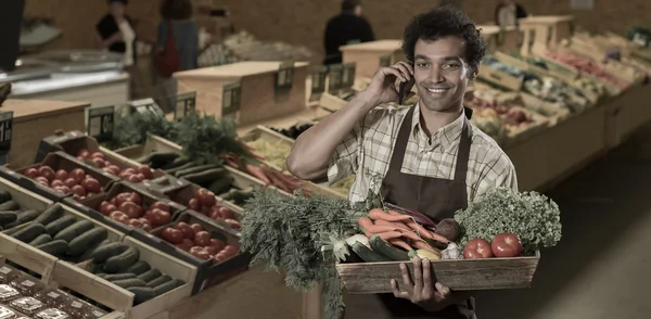 Grocery clerk phoning in produce aisle of supermarket store