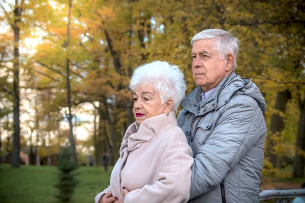 Beautiful happy old people sitting in the autumn park