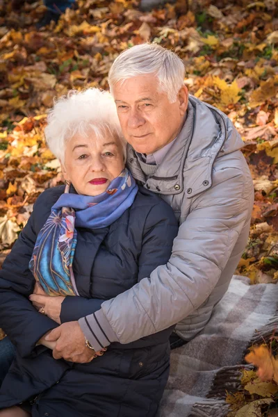 Beautiful happy old people sitting in the autumn park