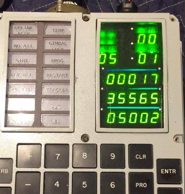 The output from the Bitcoin mining program, displayed on the Display/Keyboard (DSKY).
The display shows part of the Bitcoin hash in octal.
The DSKY is a modern replica, hooked up to the genuine AGC.