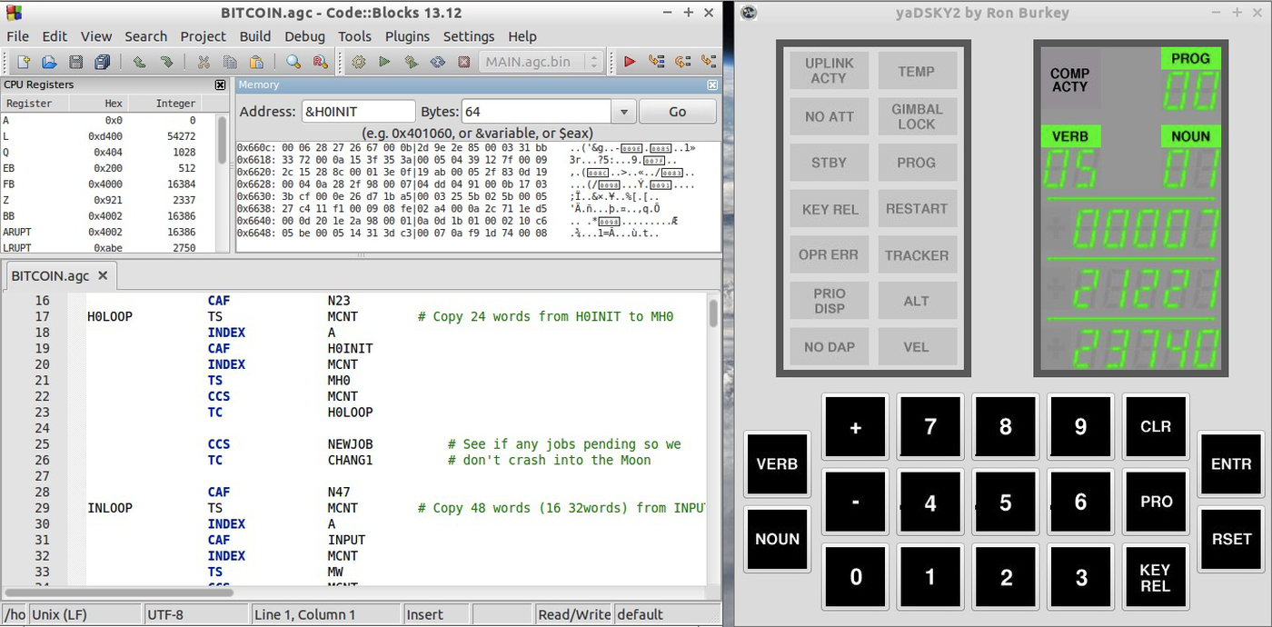 AGC code can be developed in an IDE. The debugger makes it much easier to develop code. The IDE communicates with the virtual DSKY.