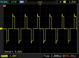 Voltage across the actuator coil in a Sonicare toothbrush. An H-bridge drives the coil with +/- 4 volt pulse every 2 milliseconds.