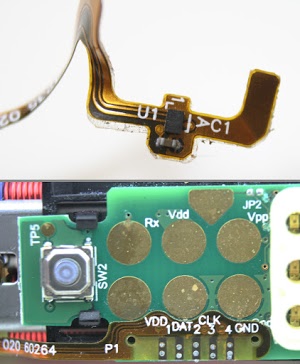 The pressure sensor on the toothbrush is connected to the electronics via a flexible cable. The sensor is probably a Hall effect magnetic sensor using the I2C protocol.