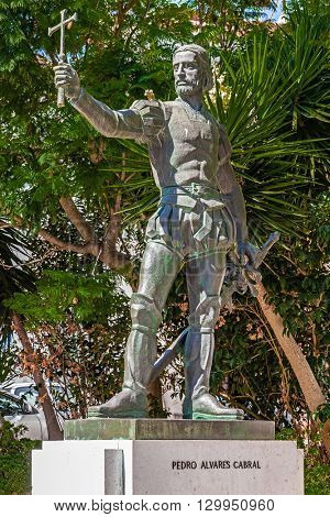 Santarem, Portugal. September 11, 2015: Pedro Alvares Cabral statue, placed in front of the Graca Church, where the navigator, sea explorer and discoverer of Brazil is buried.