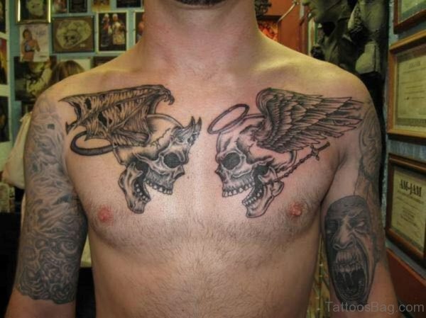 Angel And Demon Skull With Wings Tattoo