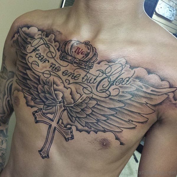 Angel Wings Crown Tattoo On Chest  