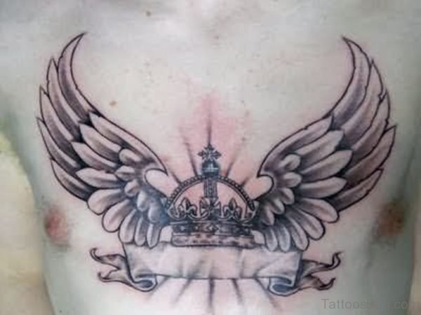 Angel Wings Crown Tattoo On Chest