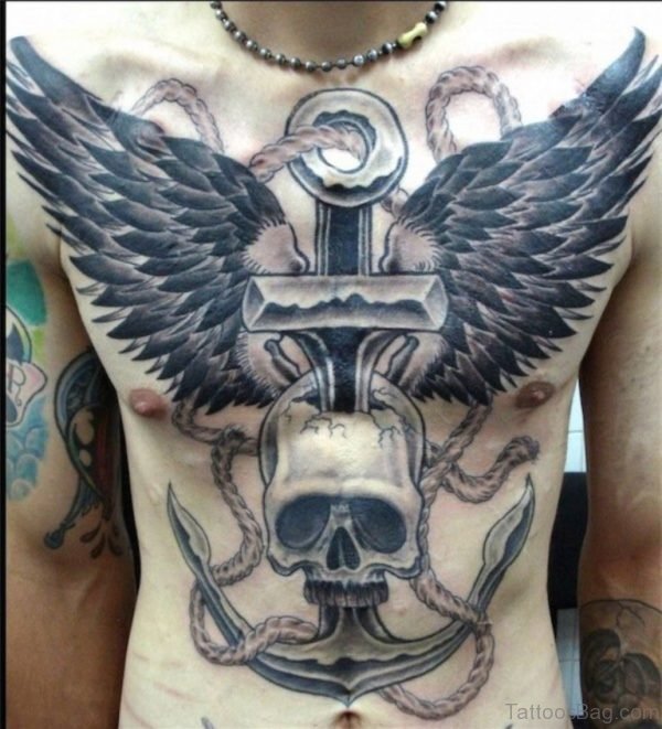 Black Anchor And Wing Tattoo