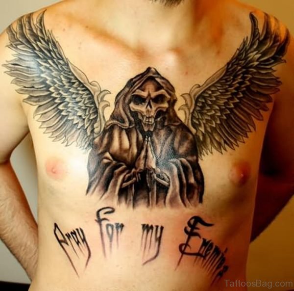 Black Ink Death Grim Reaper With Wings Tattoo