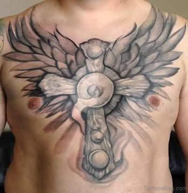 Cross With Wings Tattoo On Chest