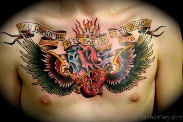 Fire Heart With Wings Tattoo On Chest