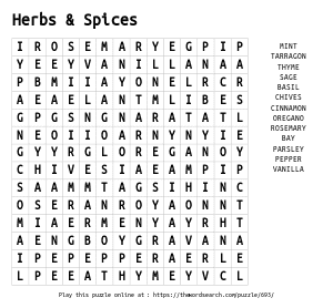 Word Search on Herbs & Spices