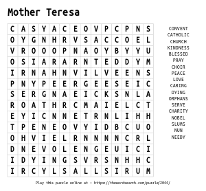 Word Search on Mother Teresa