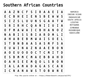 Word Search on Southern African Countries