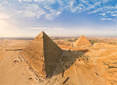 Aerial view of the Great Pyramids of Giza in Egypt stock photo