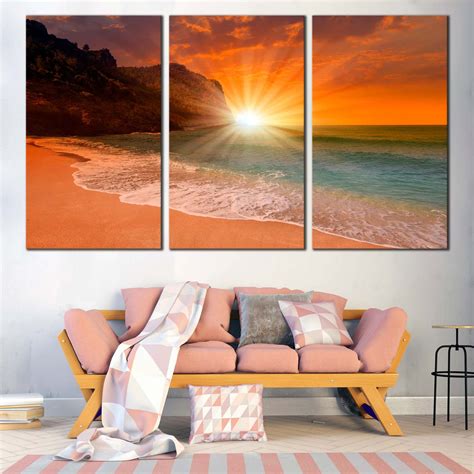 Ocean Beach Canvas Wall Art, Yellow Cleopatra Beach Sunset 3 Piece ...