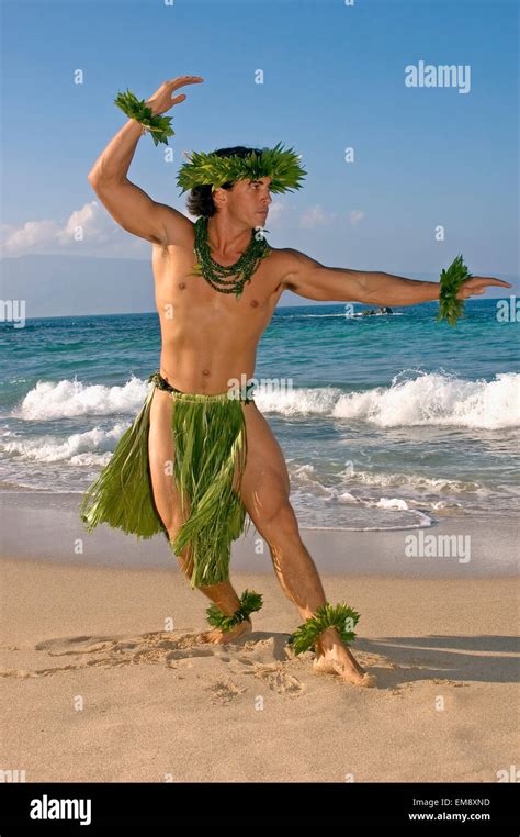 Male Hula Dancer In Ti-Leaf Costume, Haku, Lei, In A Dancing Pose On ...