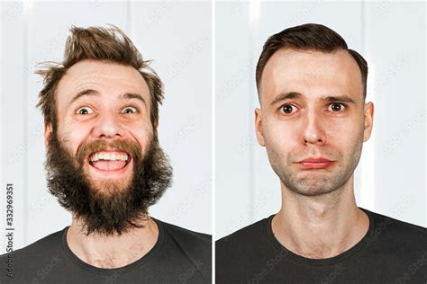 guy with beard and without hair loss. Man before and after shave or ...