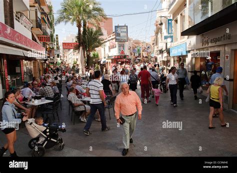 pedestrian zone, shopping area in the old town of Benidorm, Spain Stock ...