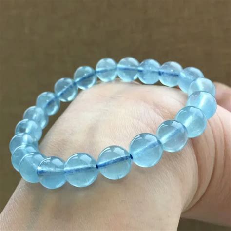 9mm Genuine Natural Blue Aquamarine Bracelet Stretch Clear Round Beads ...