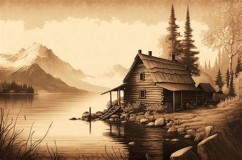 Premium AI Image | A painting of a cabin by the lake