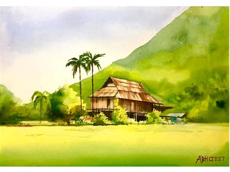 Mountain Village Landscape | Watercolor Painting by Abhijeet Bahadure ...