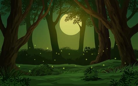 Premium Vector | Cartoon forest night scene with full moon and firefly