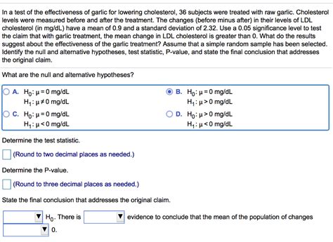 Solved In a test of the effectiveness of garlic for lowering | Chegg.com