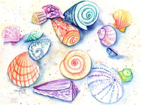 Seashell Art, Seashell Print, Seashells watercolor, Hawaii art, sea ...