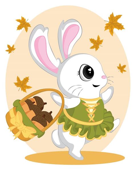 Dancing rabbit in autumn brings baskets with walnuts. little bunny with ...