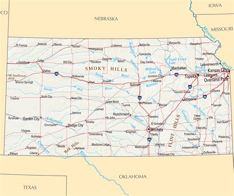 Large highways map of Kansas state with relief and major cities ...