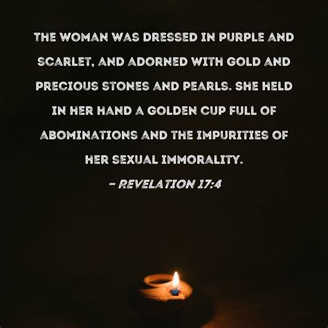 Revelation 17:4 The woman was dressed in purple and scarlet, and ...