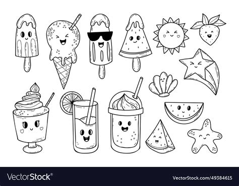 Sweet food doodles set kawaii characters cream Vector Image