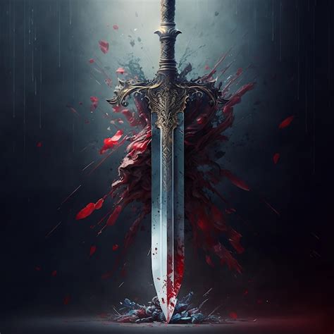 A sword with a red stain on it is in the middle of a dark background ...