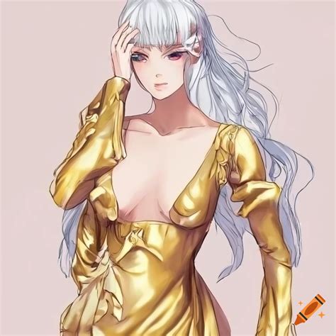 Detailed anime woman in gold dress with white hair and three eyes on ...