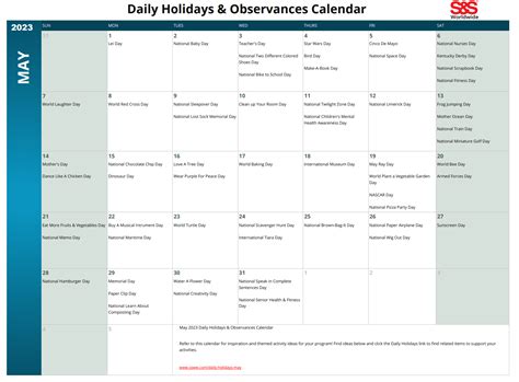 May Daily Holidays & Observances Printable Calendar - S&S Blog