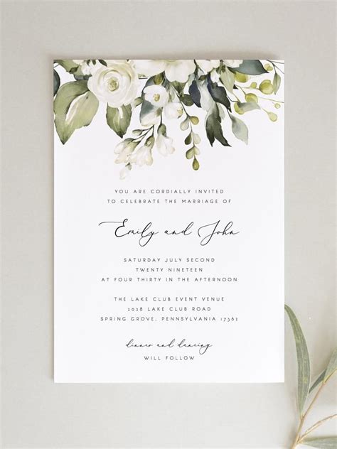 White Rose Floral Wedding Invitation Template White Flowers Wedding ...