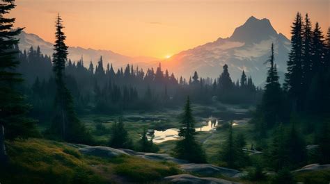 Premium AI Image | Sunset over Forest and Mountain Range