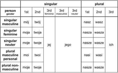 Pronoun chart with all number / gender combinations of Polish ...