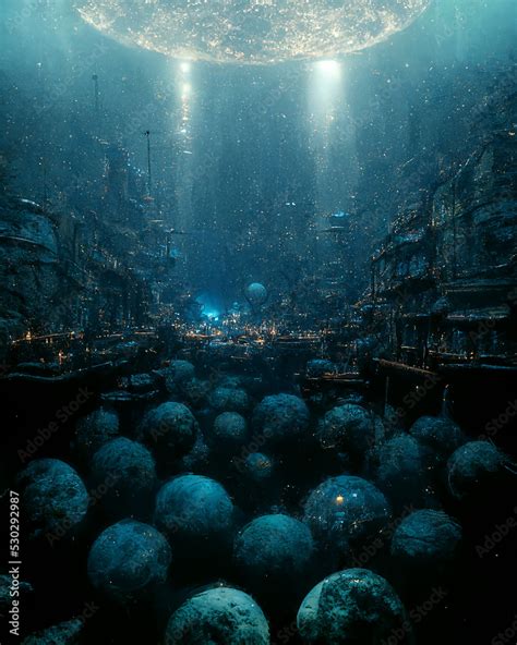 Underwater City Science Fiction Scenery 3D Art Illustration. Alien ...