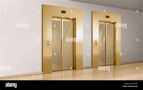 Golden elevator with glass doors in hallway perspective view. Vector ...