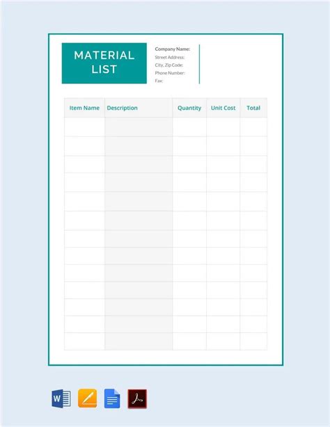 Material List Template in Word, Google Docs - Download | Template.net